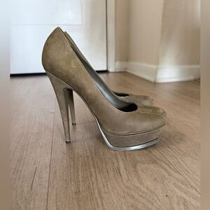 YSL Yves Saint Laurent Suede Platform Pumps Taupe Brown Heels 37.5
